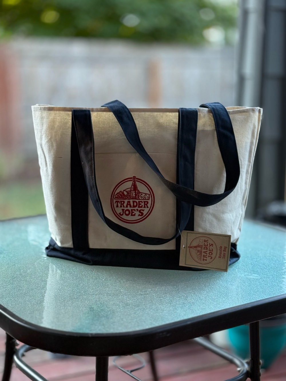 Trader Joe's Canvas Tote Bag in Natural with Navy Trim